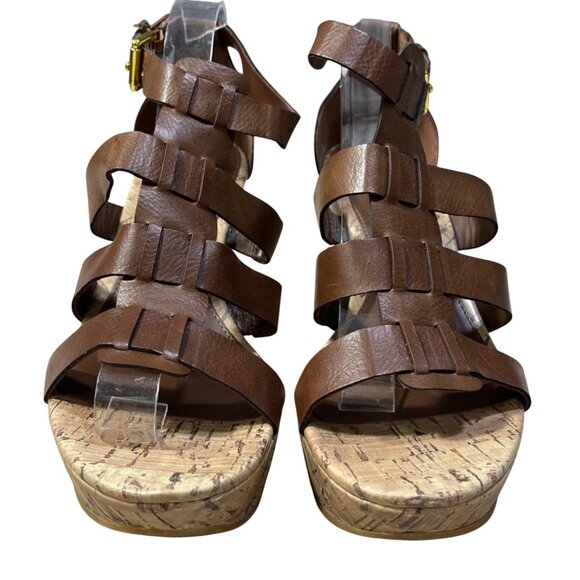 Chaps Cork Wedge Sandals Cage Brown 7B Heels Open Toe Shoe - Picture 3 of 12